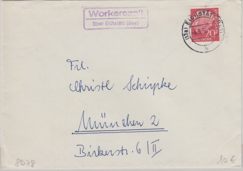 BRD - Workerszell ü. Eichstätt Landpost-Ra2 Brief n. München 1959