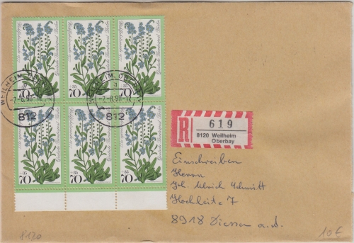 Berlin - 6x70 Pfg. Wofa/Blumen Einschreibebrief Weilheim - Diessen 1990