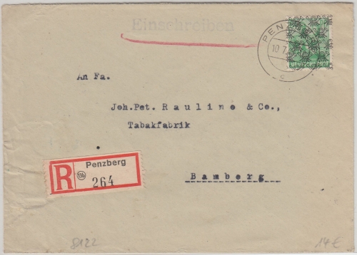 Bizone - 84 Pfg. Arbeiter/Netz Einschreibebrief Penzberg - Bamberg 1948