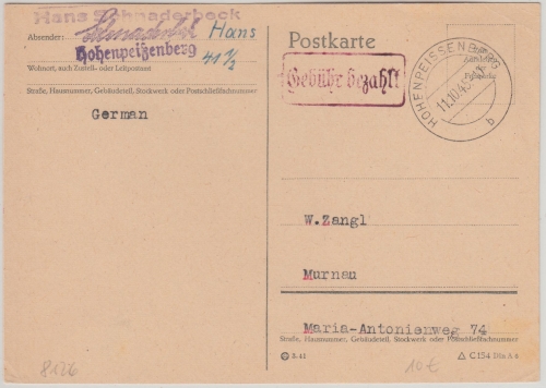 All.Bes. - Hohenpeissenberg 11.10.45 Gebühr bezahlt Ra1 Karte n. Murnau