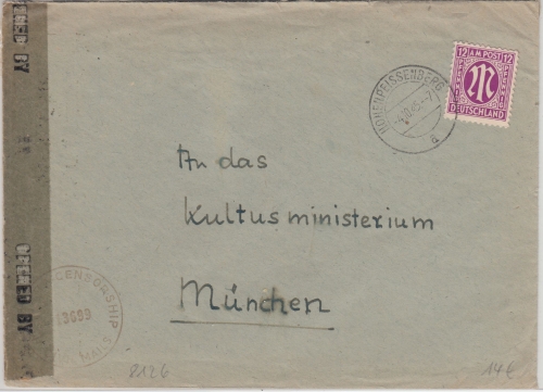 AM-Post - 12 Pfg. amerik. Druck Zensurbrief Hohenpeissenberg - München 4.10.45