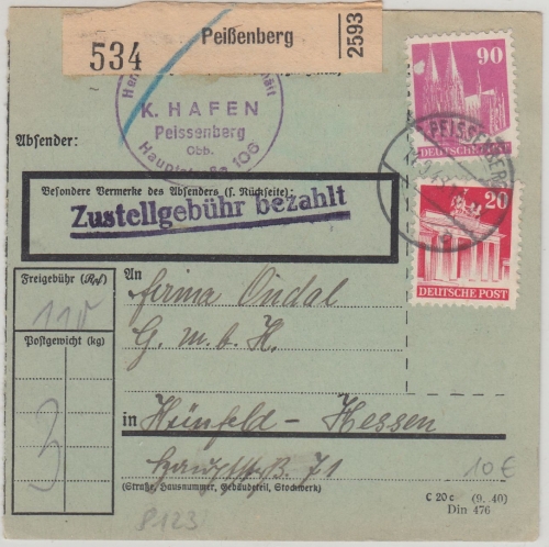 Bizone - 90+20 Pfg. Bauten Paketkarte Peißenberg - Hünfeld 1948