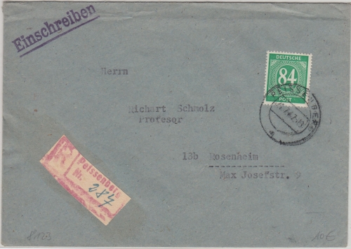 All.Bes./Kontrollrat - 84 Pfg Ziffer Einschreibebrief Peissenberg Rosenheim 1947