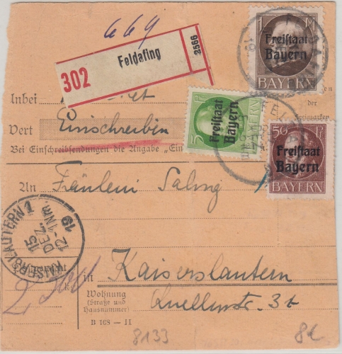 Bayern - 1 M. Ludwig/Freistaat u.a. Einschreibe-Paketkarte Feldafing 1919