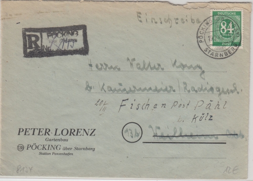 All.Bes./Kontrollrat - Pöcking ü. Starnberg Einschreibebrief n. Pähl 1947