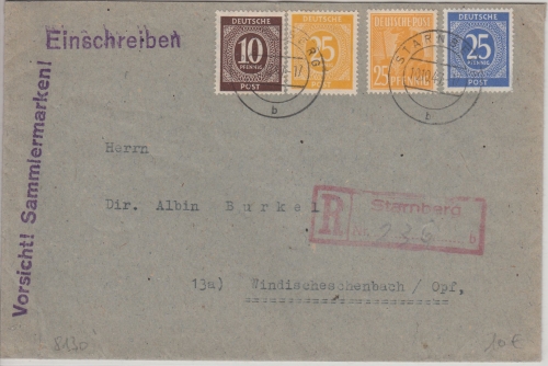 All.Bes./Kontrollrat - 25 Pfg. Ziffer u.a. Einschreibebrief Starnberg 1947