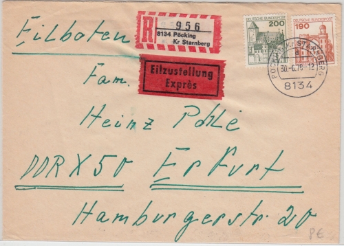 BRD - 200+190 Pfg. B&S Eilboten Einschreibebrief Pöcking - Erfurt 1987