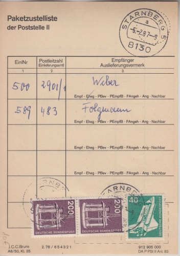 BRD - 2x200+40 Pfg. I&T Paketzustelliste Poststelle II Starnberg 5 - 1987