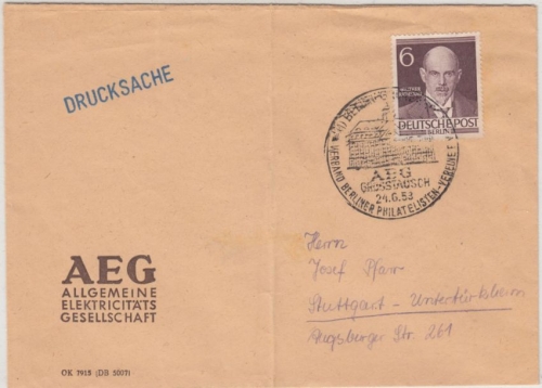Berlin - 6 Pfg. Rathenau, Drucksachenbrief/FDC Berlin 24.6.53 n. Stuttgart