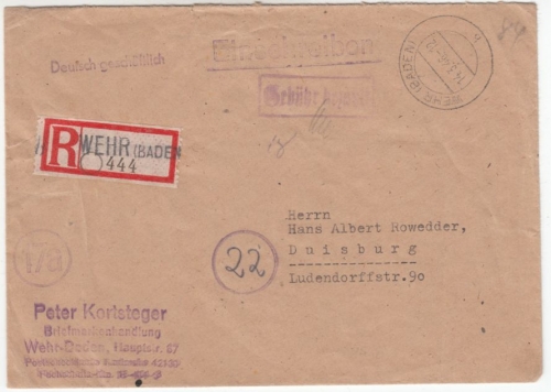 All.Bes. - Wehr (Baden) 1946, Gebühr bezahlt Ra1 a. Einschreibebrief n. Dusiburg