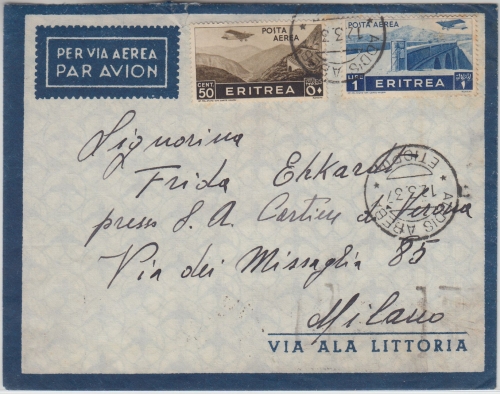 Ital. Eritrea - 1 L.+50 C. Flugpostmarken Luftpostbrief Addis Abeba 1937