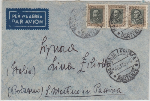 Ital.Eritrea - 3x50 C. Freimarken Luftpostbrief Massaua St. Martin/Passeier 1937