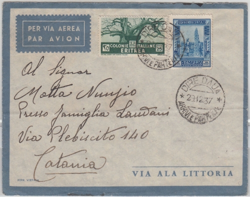 Ital. Eritrea/Somalia - 1,25 L.+25 C. Luftpostbrief Dire Daua - Catania 1937