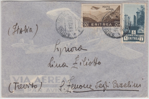 Ital. Eritrea - 1 L. Freimarke u.a. Luftpostbrief Addis Abeba - S. Zenone 1937