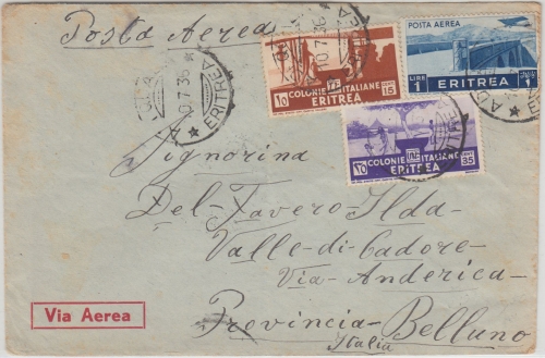 Ital. Eritrea - 35 C. Freimarke ua. Luftpostbrief Adi Quala Valle di Cadore 1936