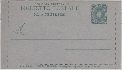 Ital. Eritrea - 5 C. Wappenschild Ganzsache Kartenbrief ungebraucht