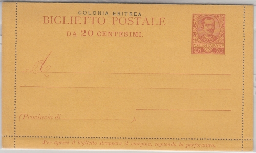 Ital. Eritrea - 20 C. Victor Emanuel Ganzsache Kartenbrief ungebraucht