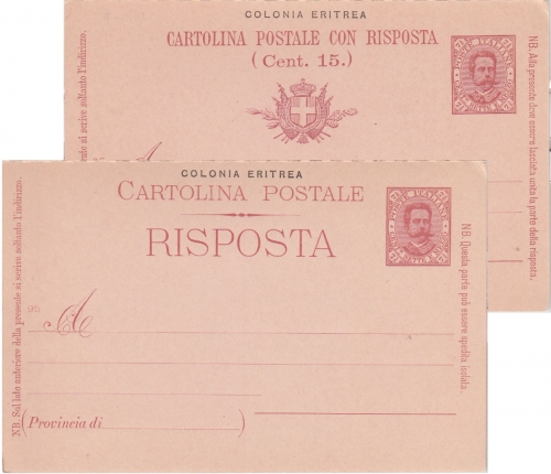 Ital. Eritrea - 7 1/2+7 1/2 C. Victor Emanuel Ganzsache Doppelkarte ungebraucht