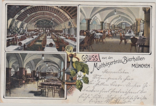 Bayern - München Mathäserbräu Bierhallen farb. Mehrbild-AK gelaufen 1904