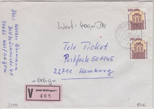 BRD - 2x500 Pfg. SWK Wertbrief Wolfhagen - hamburg 1995