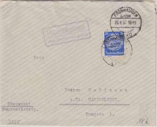 DR - Hassenhausen ü. Fronhausen Landpost-Ra2 Brief n. DÄNEMARK 1937