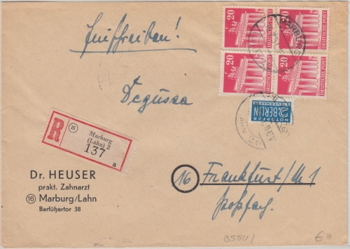 Bizone - 4x20 Pfg. Bauten Einschreibebrief Marburg (Lahn) 2 - FFM 1951