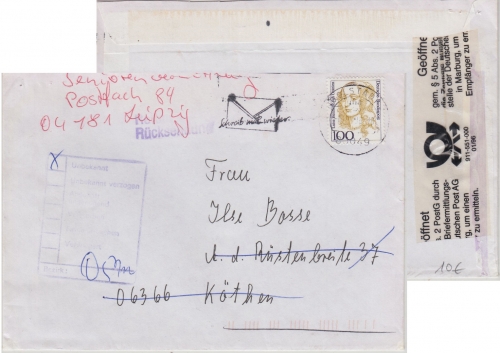 BRD - Geöffnet z. Ermittlung d. Absenders DP AG Marburg Brief Ingolstadt 1996