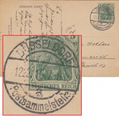 DR - Düsseldorf Postsammelstelle 1916 seltener Stpl. Karte n. Emmerich