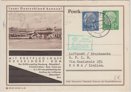 BRD - 10 Pfg. Heuss Ganzsache + Zusatz LH-Erstflug Düsseldorf - Rom 1959