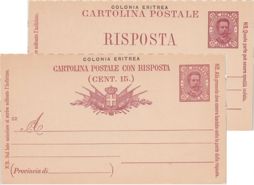Ital. Eritrea - 7 1/2+7 1/2 C. Umberto Ganzsache Doppelkarte ungebraucht