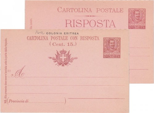 Ital. Eritrea - 7 1/2+7 1/2 C. Victor Emanuel Ganzsache Doppelkarte ungebraucht
