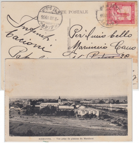 Ital. Eritrea - 20 C. Freimarke Karte (AK Djibuti) Dire Daua - Catania 1936