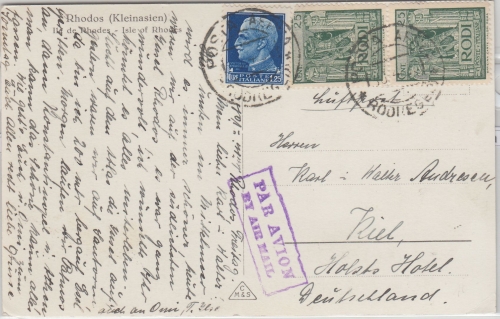 Italien/Ägäis - 2x25 C. + ital. 1,25 L. Mischfrankatur Luftpostkarte Rhodos 1936