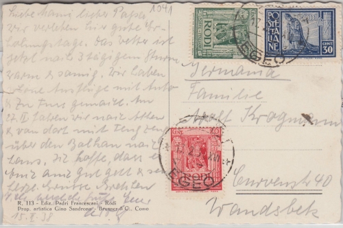 Italien/Ägäis - 30+25+20 C. Freimarken Karte Rhodos - Wandsbek 1938