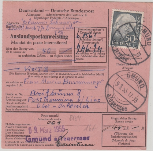 BRD - 50 Pfg. Heuss I Postanweisung n. ÖSTERREICH Gmund - Thenning 1955