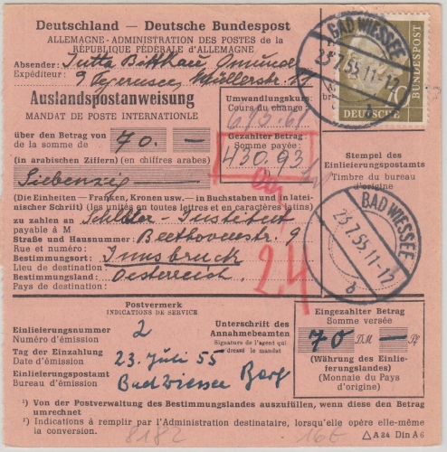 BRD - 70 Pfg. Heuss I Postanweisung n. ÖSTERREICH Bad Wiessee - Innsbruck 1955