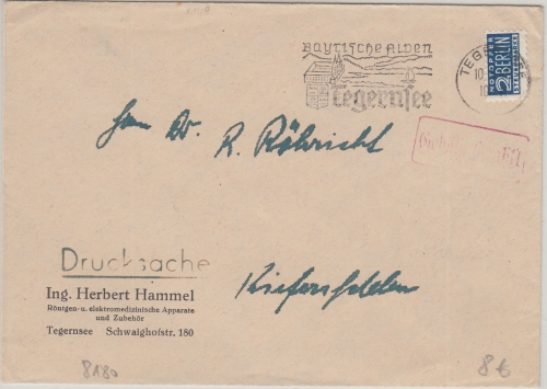 BRD - Tegernsee 1949 Gebühr bezahlt Ra1 + Notopfer Drucksache n. Kiefersfelden