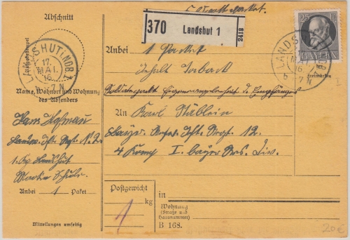 Bayern - 25 Pfg. Ludwig Soldatenpaketkarte Landshut - 1. bayr. Res.Div. 1916