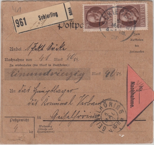 Bayern - 2x50 Pfg. Ludwig Nachnahmepaketkarte Schierling - Geiselhöring 5.5.1920