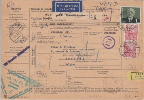 DDR - 1 M. Pieck u.a. Luftpost-Paketkarte n. BELGIEN Hohenstein-Ernstthal 1961