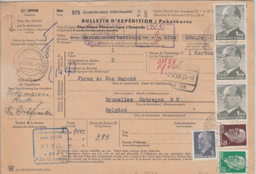 DDR - 3x1 MDM Ulbricht u.a. Paketkarte n. BELGIEN Großröhrsdorf 1965