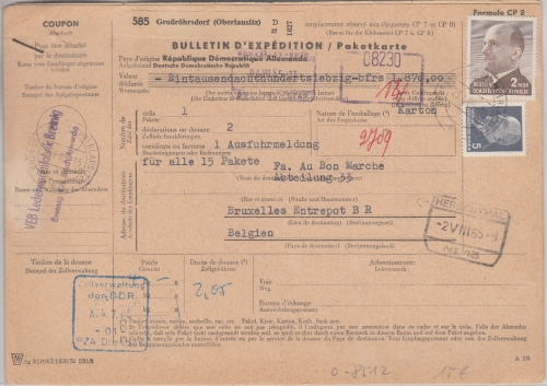 DDR - 2 MDM Ulbricht u.a. Paketkarte n. BELGIEN Großröhrsdorf 1965