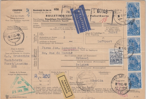 DDR - 5x50 Pfg. 5J-Plan u.a. Luftpost-Paketkarte n. BELGIEN Forst (Lausitz) 1963