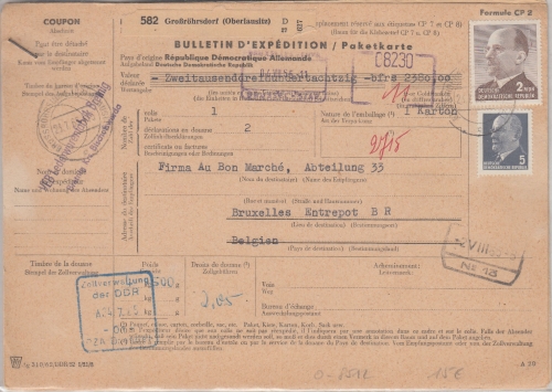 DDR - 2 MDM Ulbricht u.a. Paketkarte n. BELGIEN Großröhrsdorf 1965