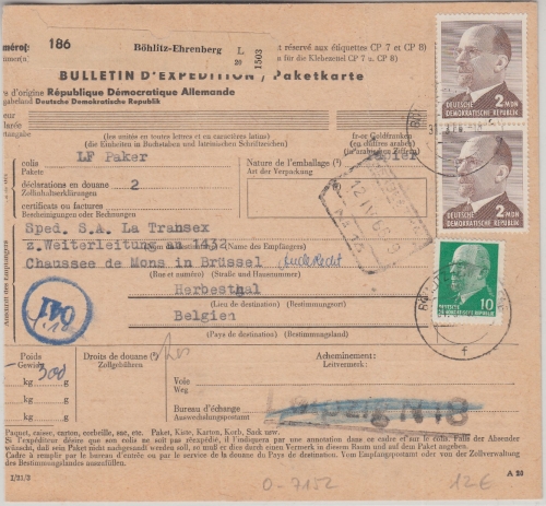 DDR - 2x2 MDM Ulbricht u.a. Paketkarte n. BELGIEN Böhlitz-Ehrenberg 1966