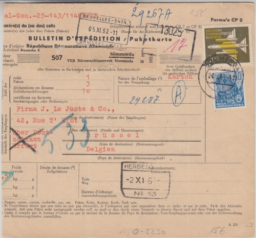 DDR - 1 M. Flugpost u.a. Paketkarte n. BELGIEN Sömmerda 1962 Selbstbucher