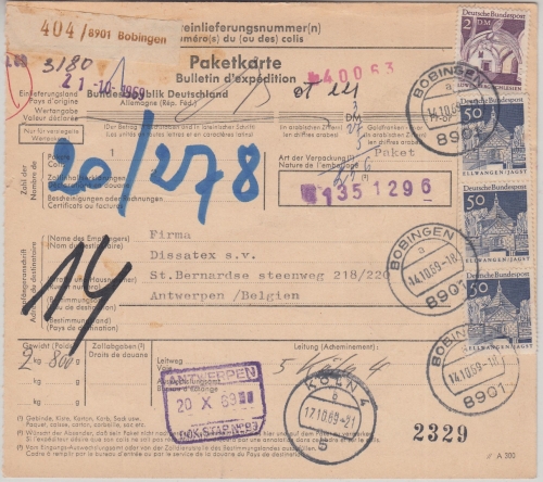BRD - 2 M. + 3x50 Pfg. Bauwerke Paketkarte n. BELGIEN Bobingen - Antwerpen 1969