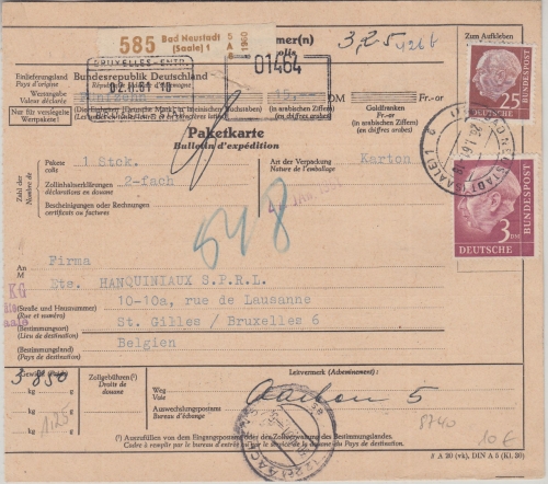 BRD - 3 M.+25 Pfg. Heuss Paketkarte n. BELGIEN Bad Neustadt a/S - St.Gilles 1961