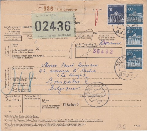 BRD - 3x100+50 Pfg. Brandenburger Tor Paketkarte n. BELGIEN Gerolzhofen 1968