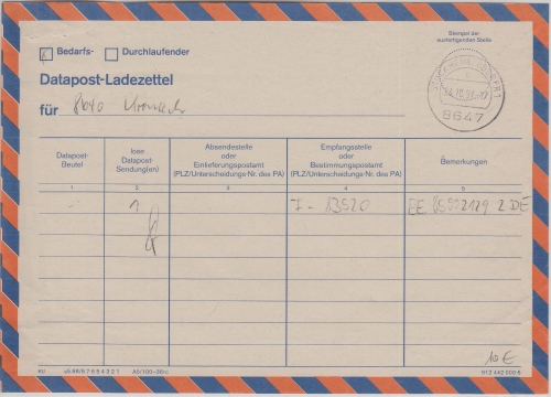 BRD - Stockheim (Oberfr) 1991 Datapost-Ladezettel für Sendungen nach Kronach